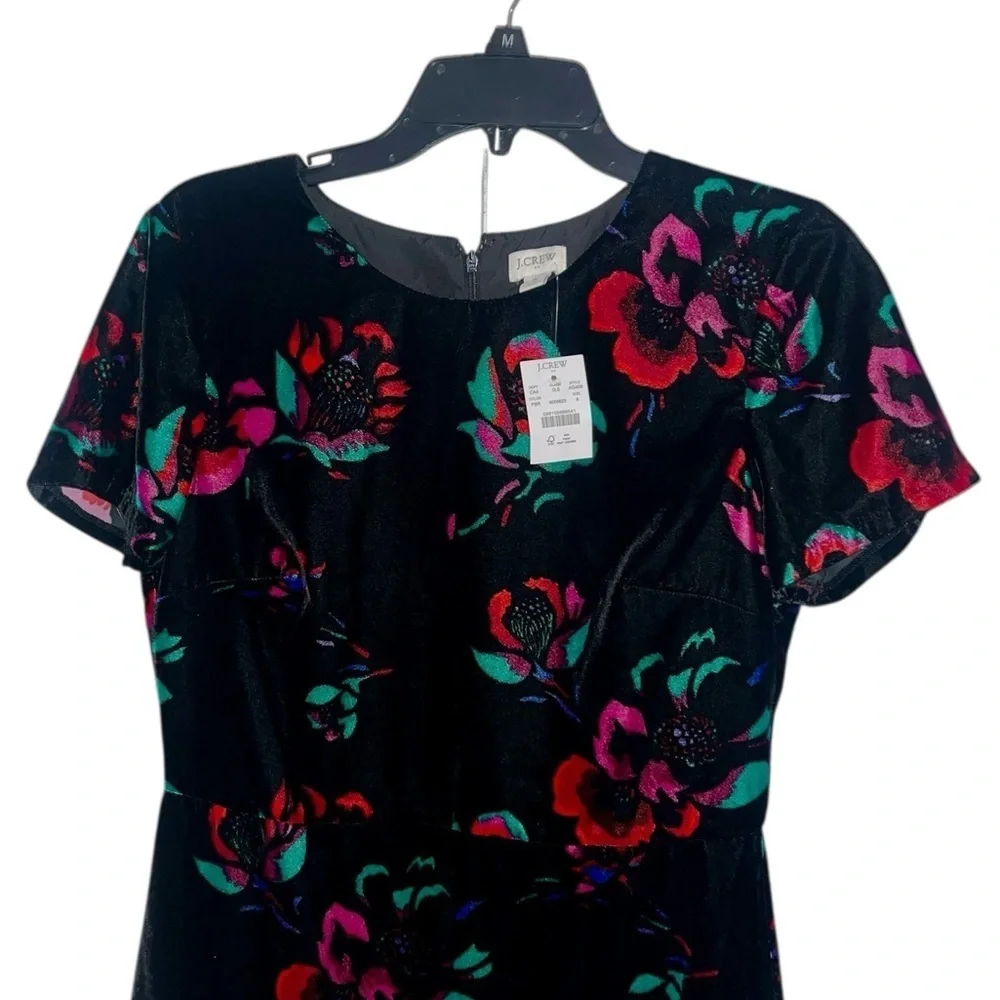 J. Crew Black Velvet Velour Short Sleeve Floral Flutter Dress Size 6 NWT